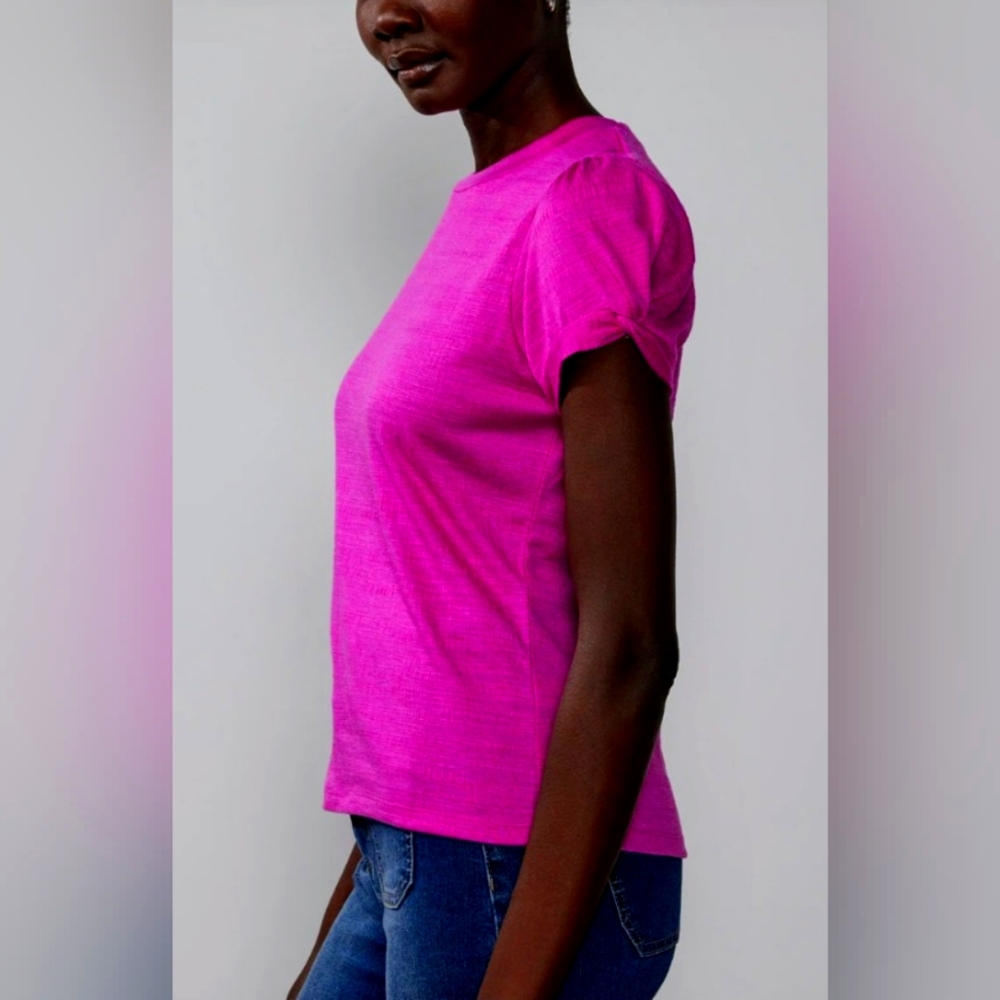 New York & Company Crew Neck Twist Puff Sleeve Top - Picture 2 of 7